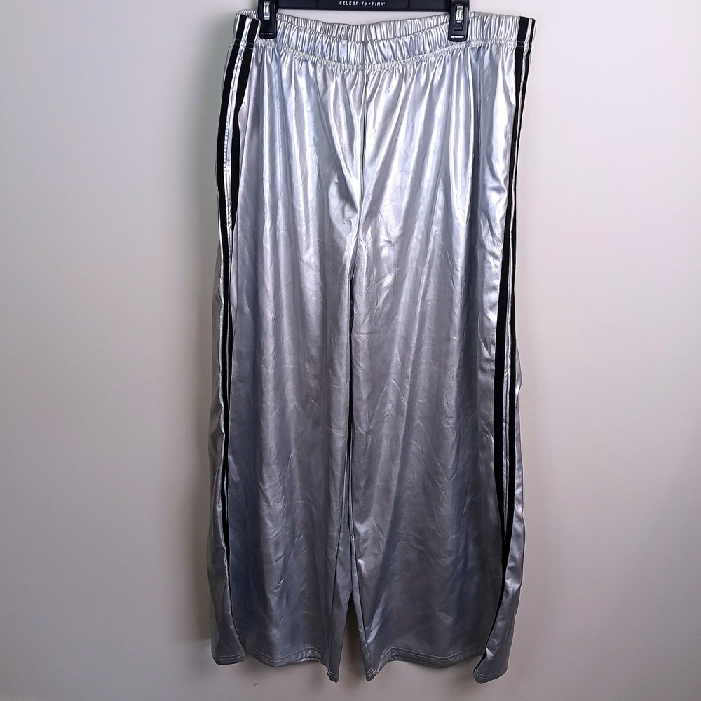 SHEIN Curve Wide Leg Pants Womens 4XL Silver Excellent Metallic Side Stripe Y2K